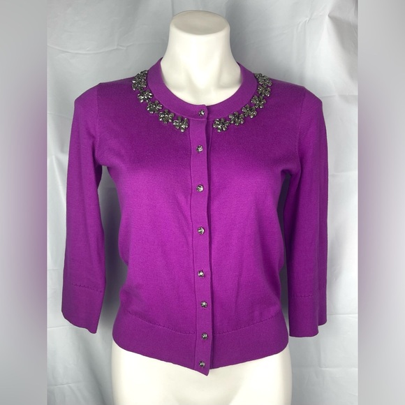 Kate Spade New York 'Leni'Crystal Embellished Jewel Cardigan 3/4 Sleeve Purple S - Picture 1 of 12